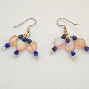 Handcrafted Frosted Pink Glass Hearts & Beaded Dangle Earrings